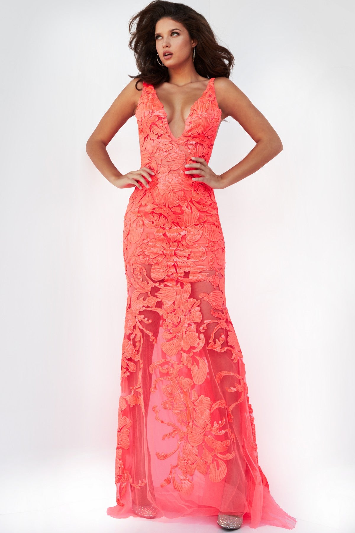 Prom Dresses Long Formal Floral Applique Prom Sequin Dress Tangerine
