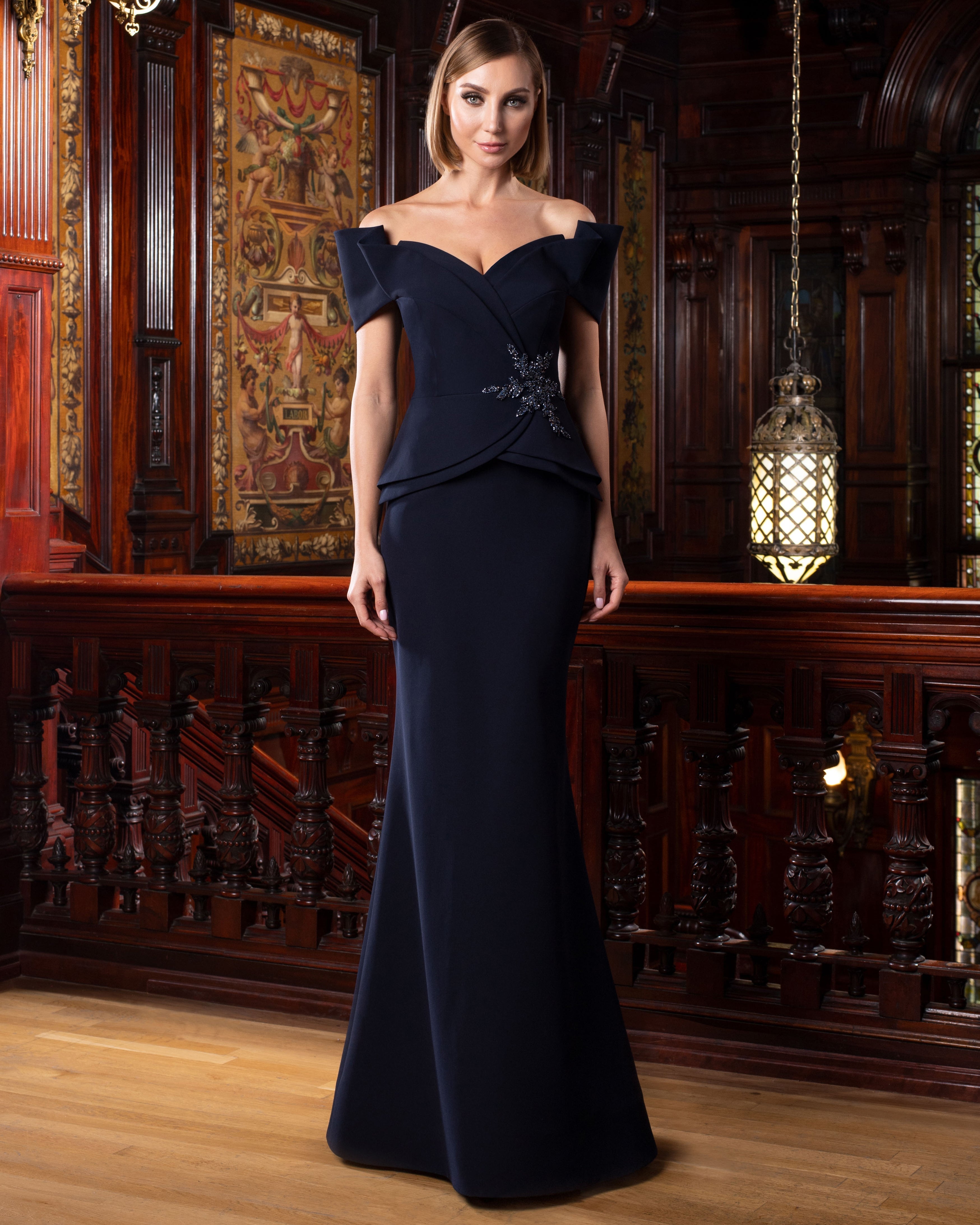 Formal Dresses Long Plated Formal Peplum Evening Dress Navy