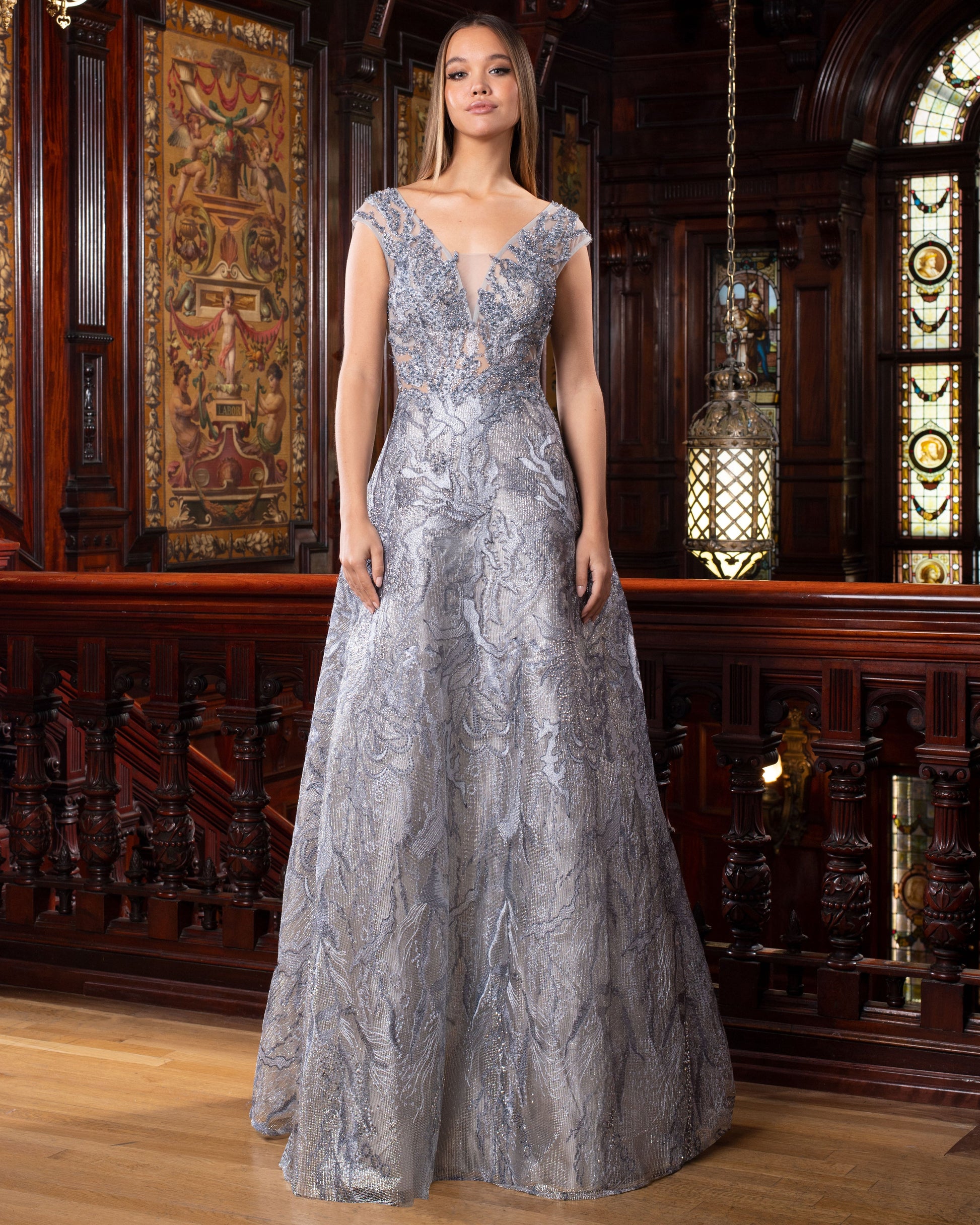 Alexander by Daymor 1553 A Line Long Metallic Lace Formal Dress