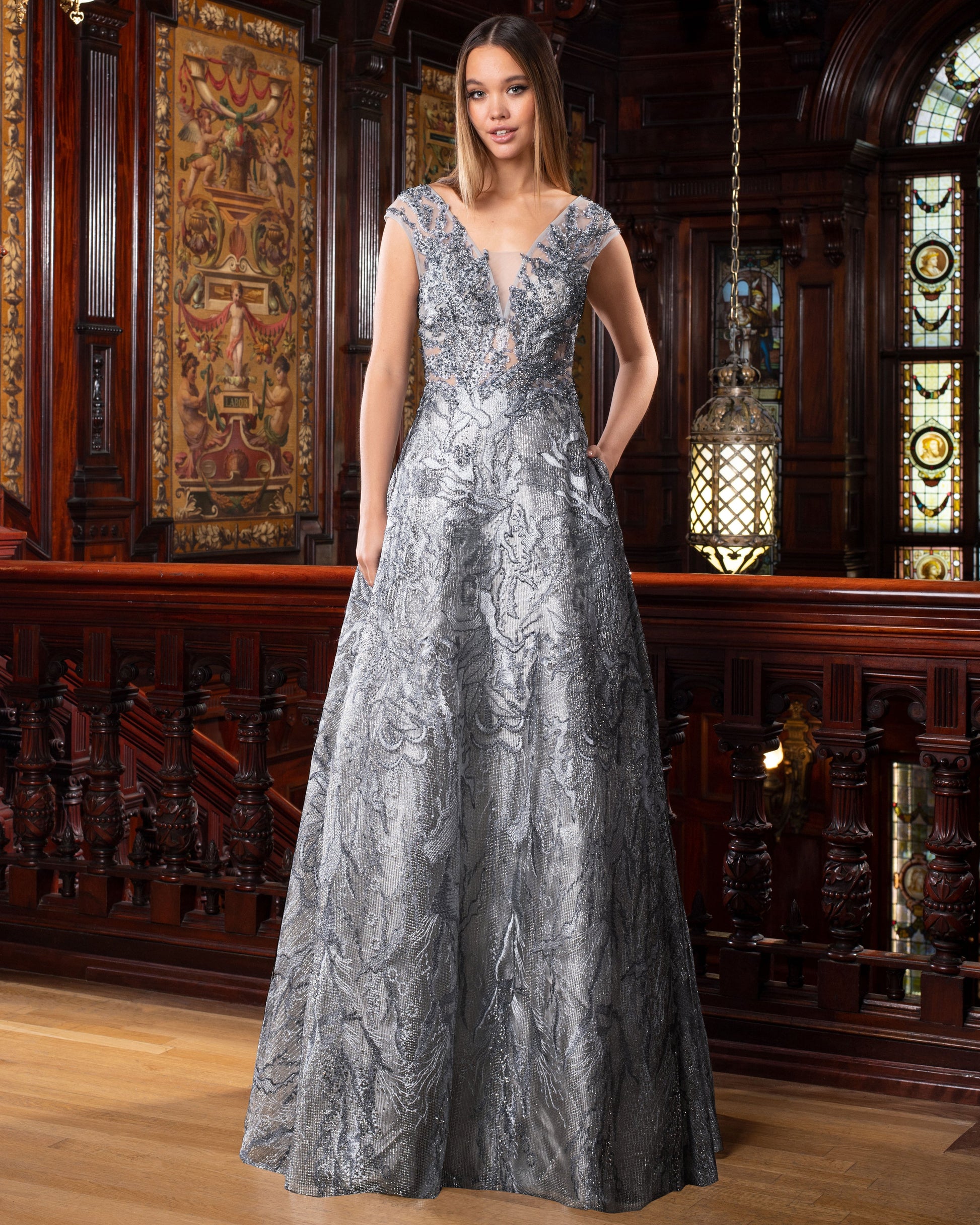 Alexander by Daymor 1553 A Line Long Metallic Lace Formal Dress