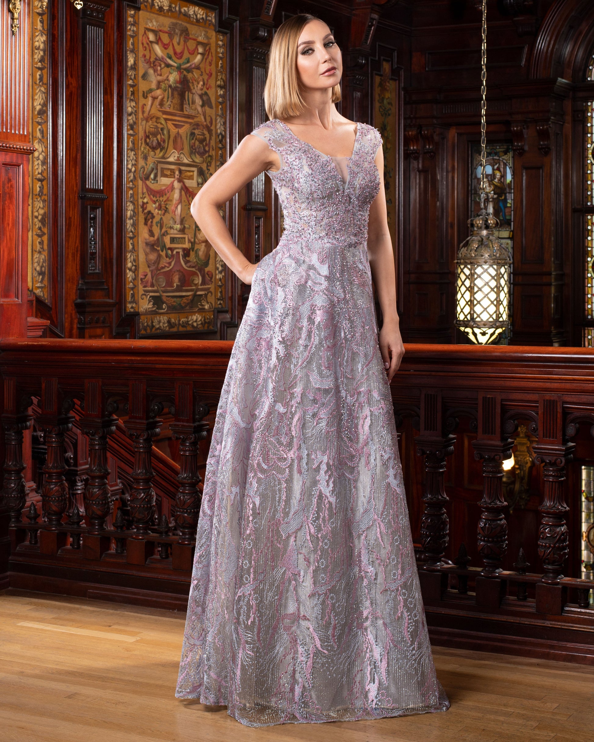 Alexander by Daymor 1553 A Line Long Metallic Lace Formal Dress