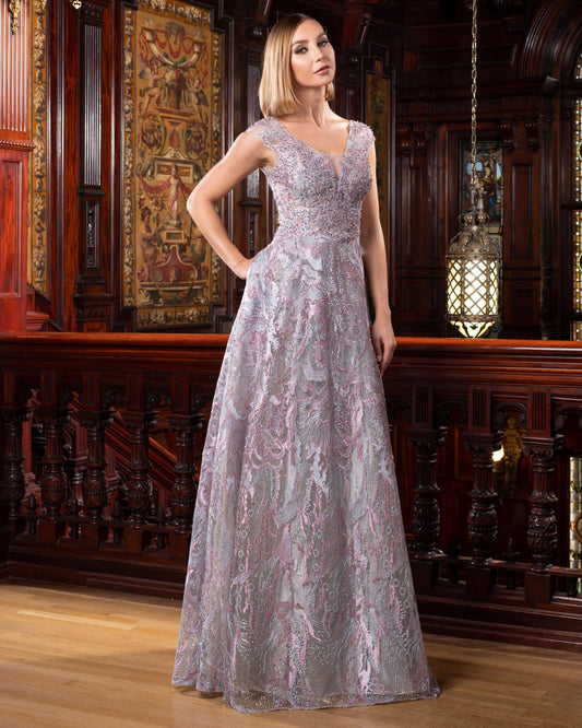 Formal Dresses A Line Long Metallic Lace Formal Dress Pink/Silver