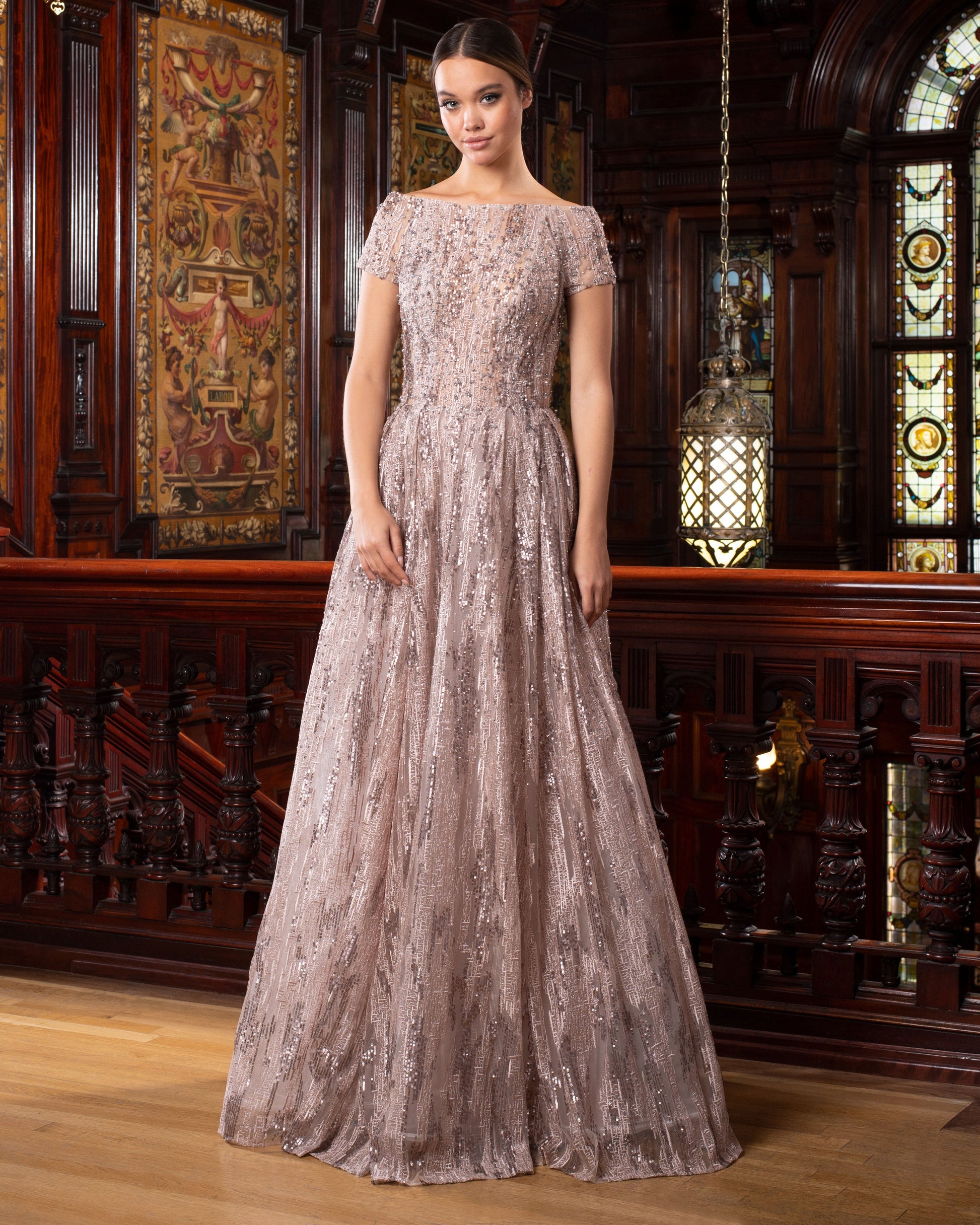 Alexander by Daymor 1554 Long A Line Lace Pleated Formal Sequin Dress