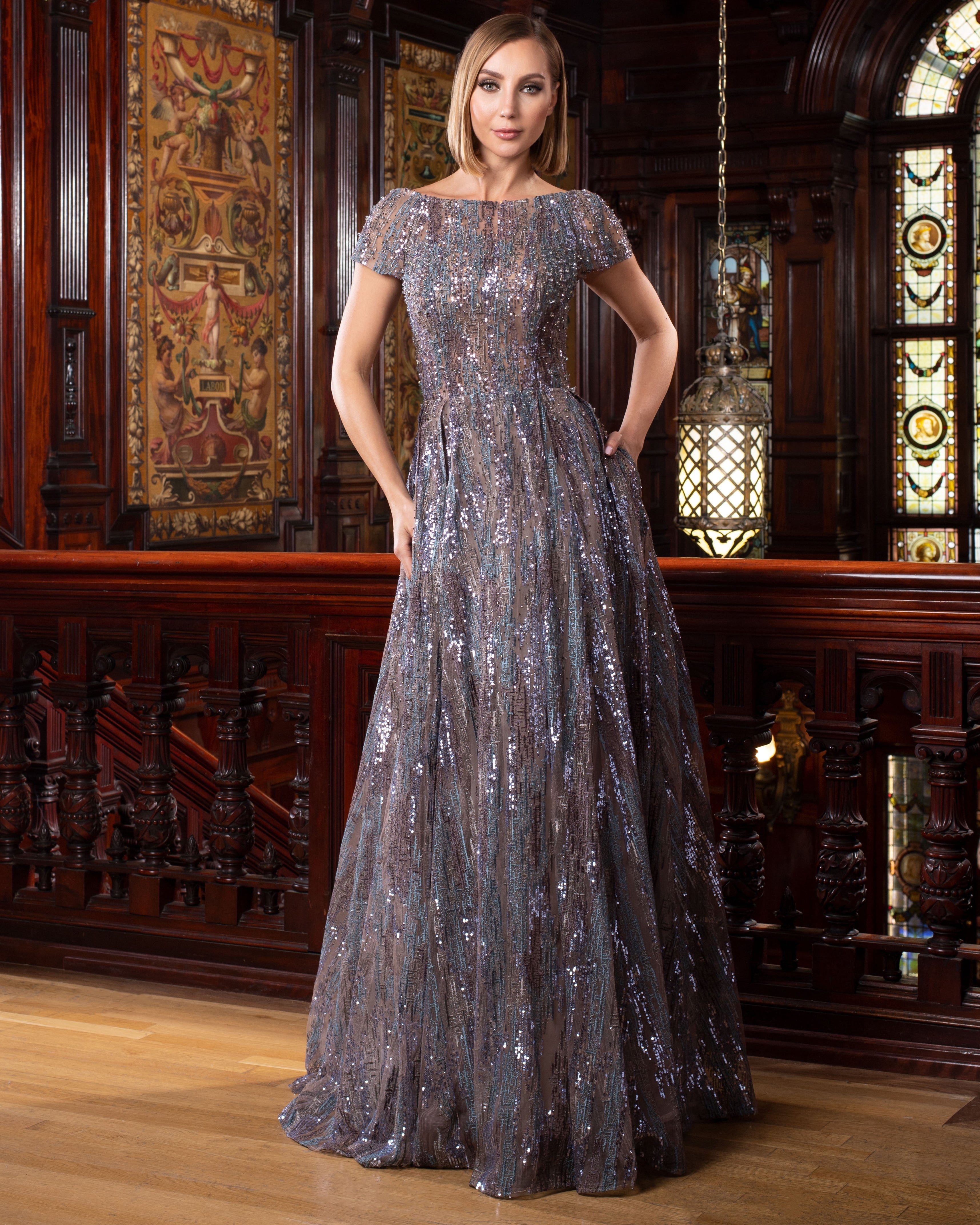 Formal Dresses Long A Line Lace Pleated Formal Sequin Dress Mocha