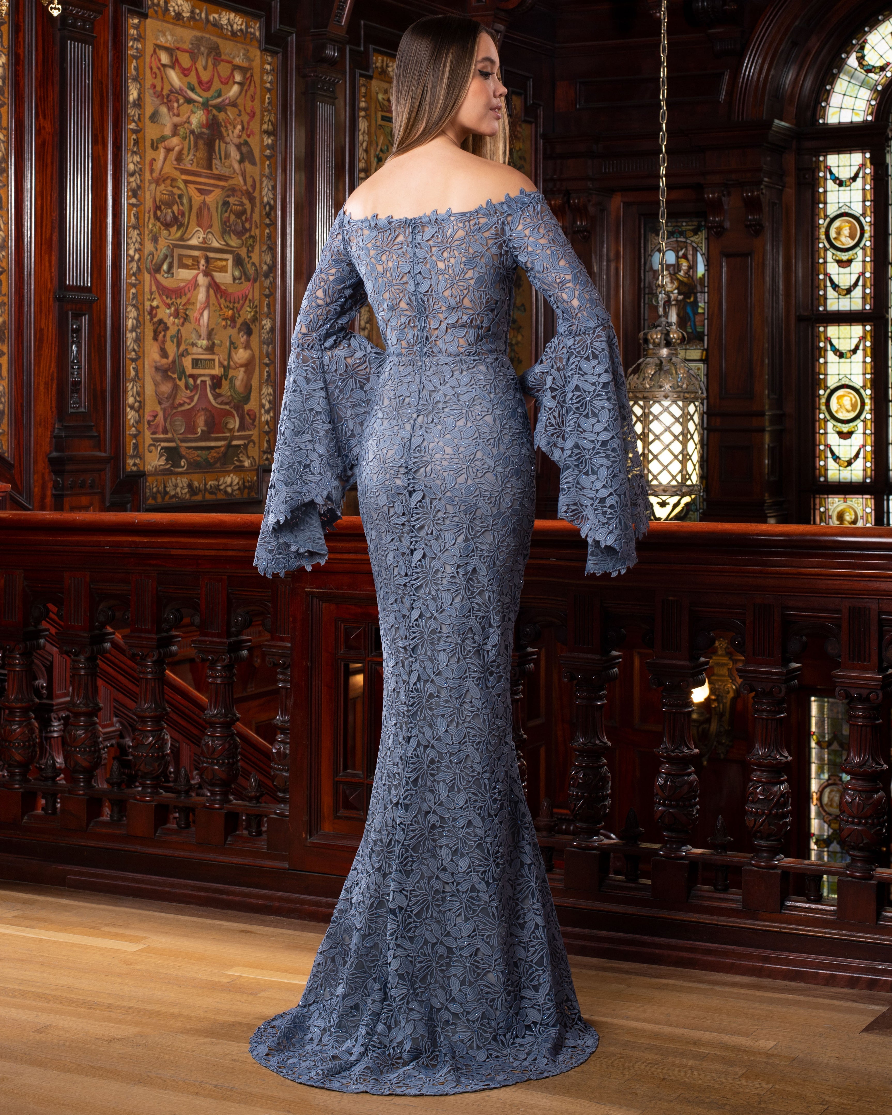 Formal Dresses Fitted Long Lace Beaded Formal Dress Delphi Blue