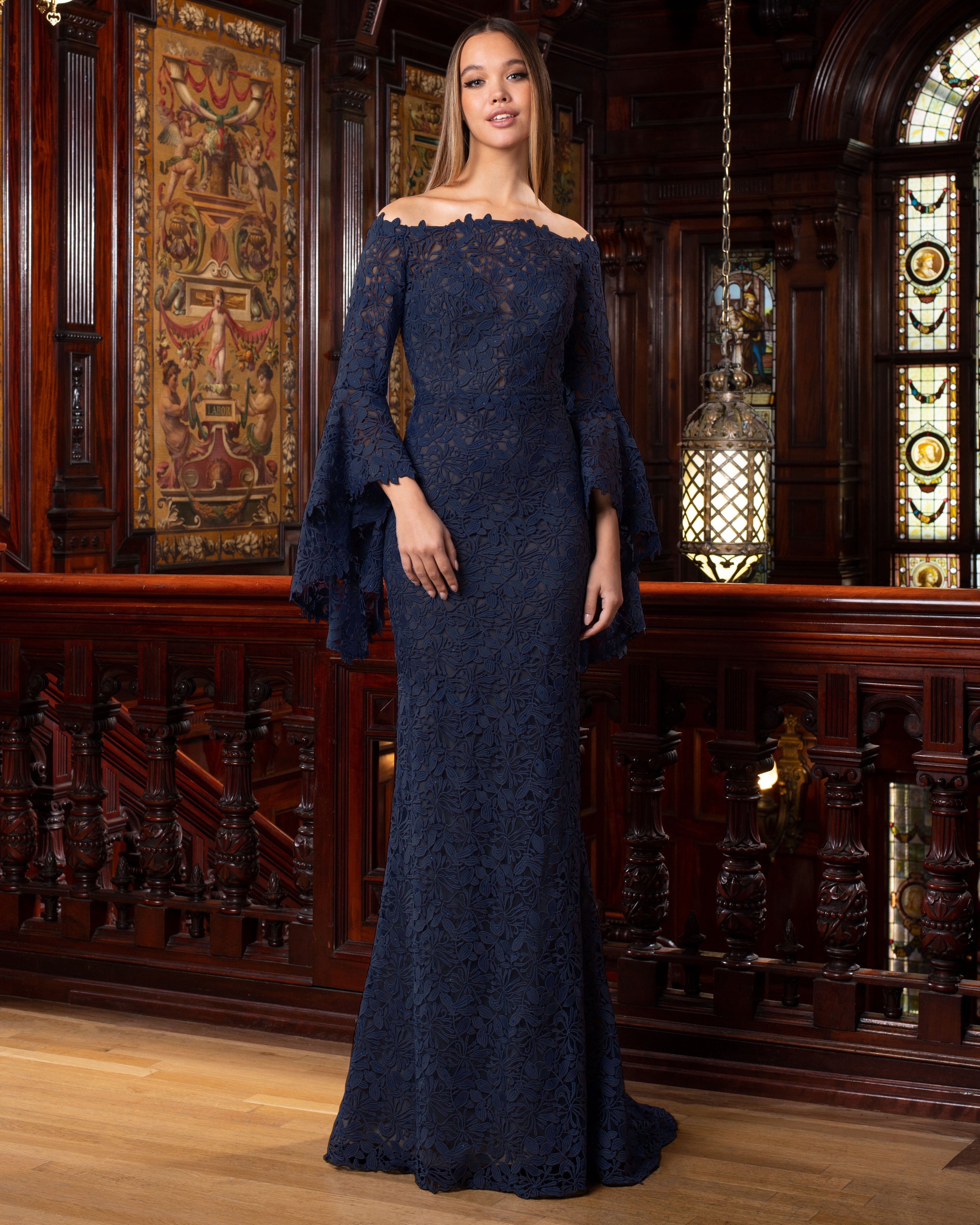 Formal Dresses Fitted Long Lace Beaded Formal Dress Navy