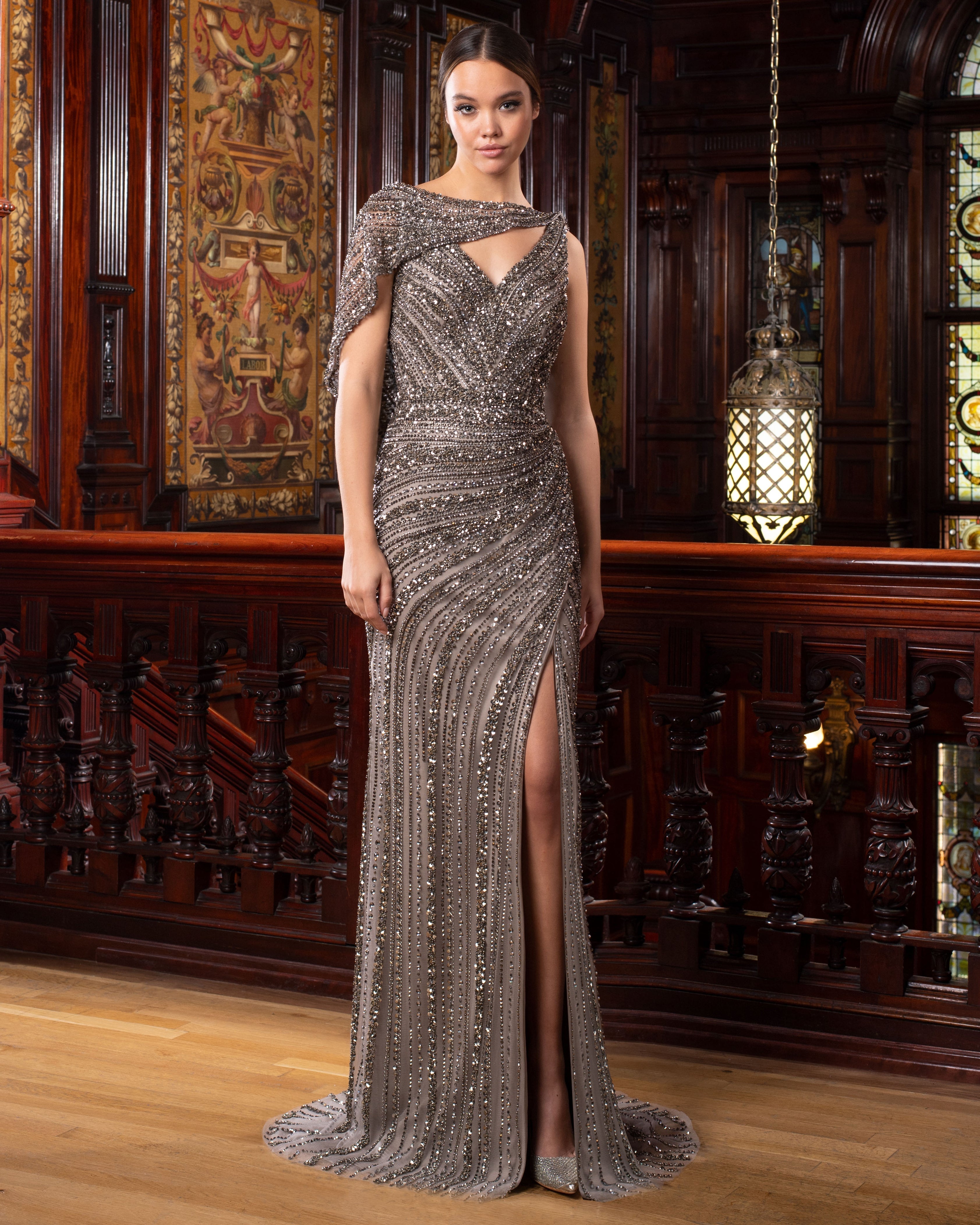 Formal Dresses Long Slit Beaded Fprmal Evening Dress Taupe