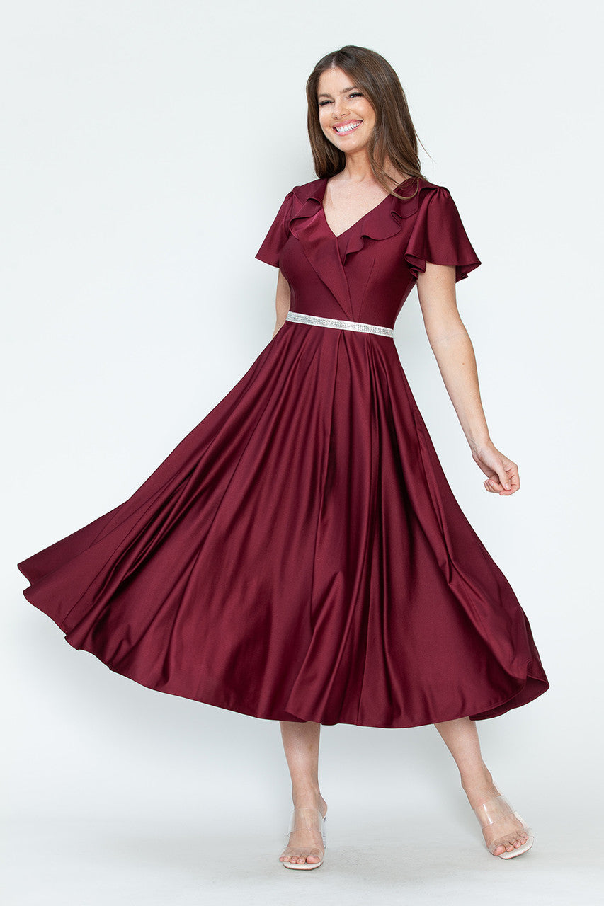 Cocktail Dresses Short Ruffle Pleated Midi Cocktail Dress Lenovia 5295 Burgundy