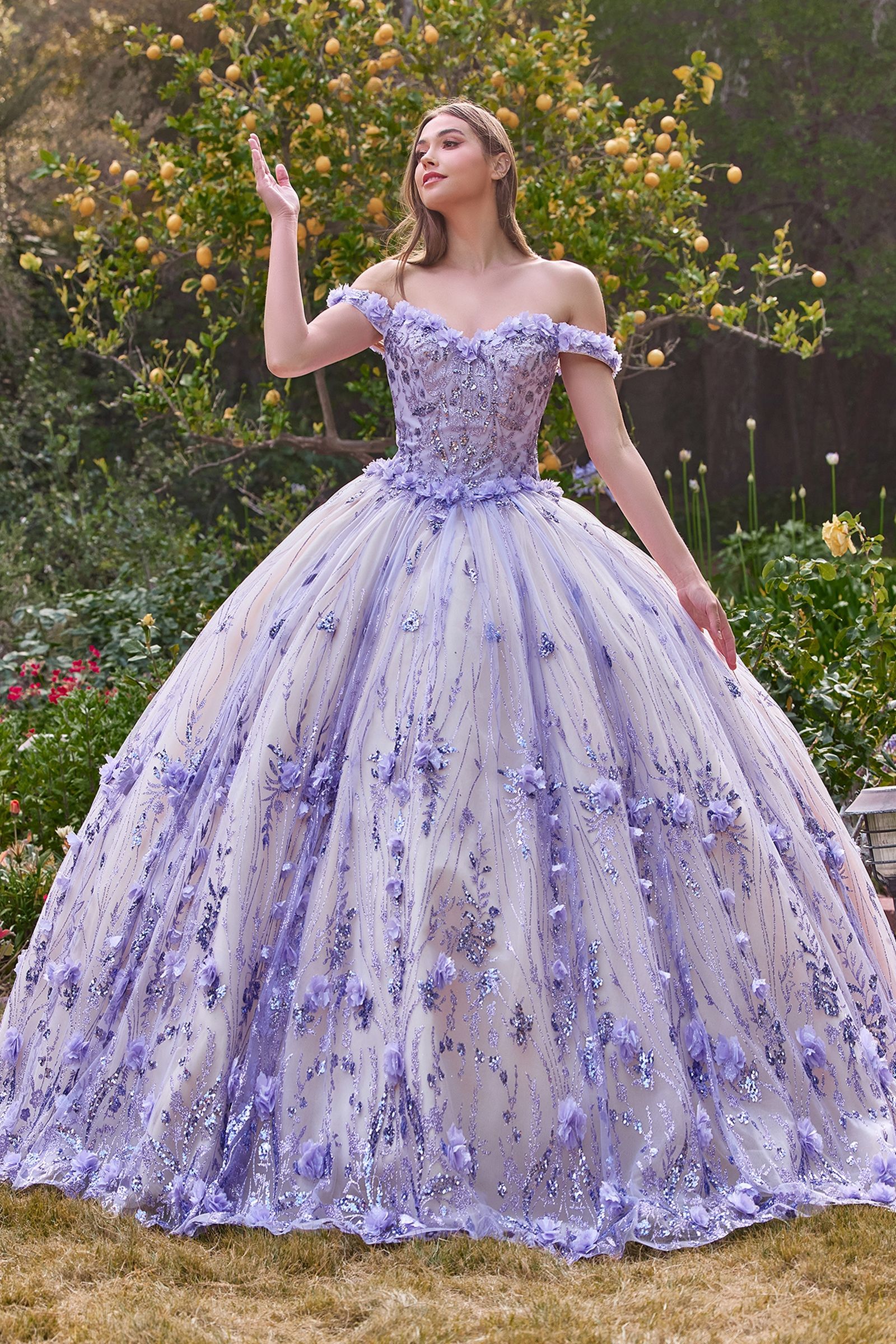 Quinceniera Dresses Ball Gown Long Glitter Floral Quinceanera Dress Lilac