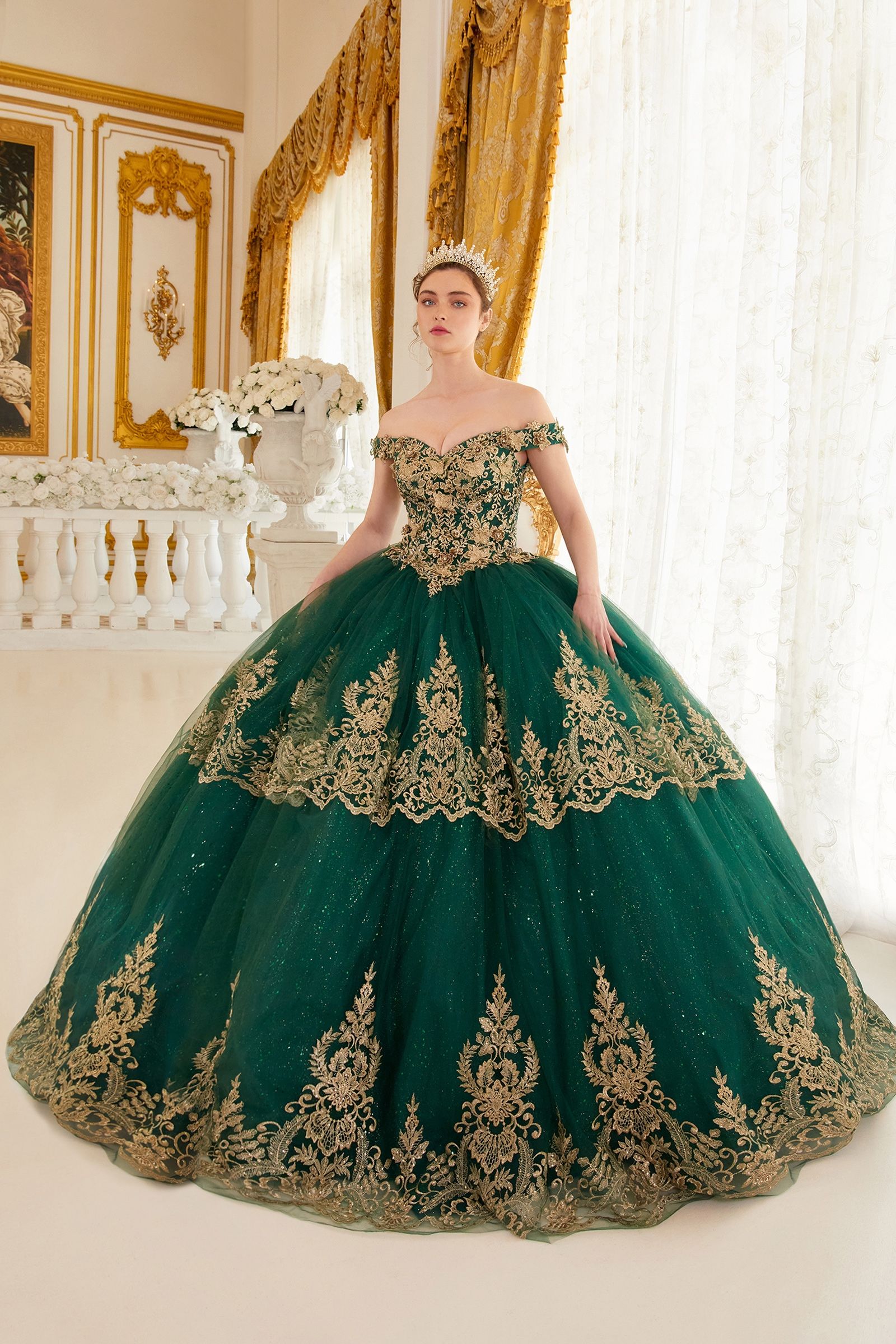 Emerald Green Vestidos Xv Verde Esmeralda Off-Shoulder Ball Gown  Quinceanera Dress PromGirl Navy/Gold 2XLarge