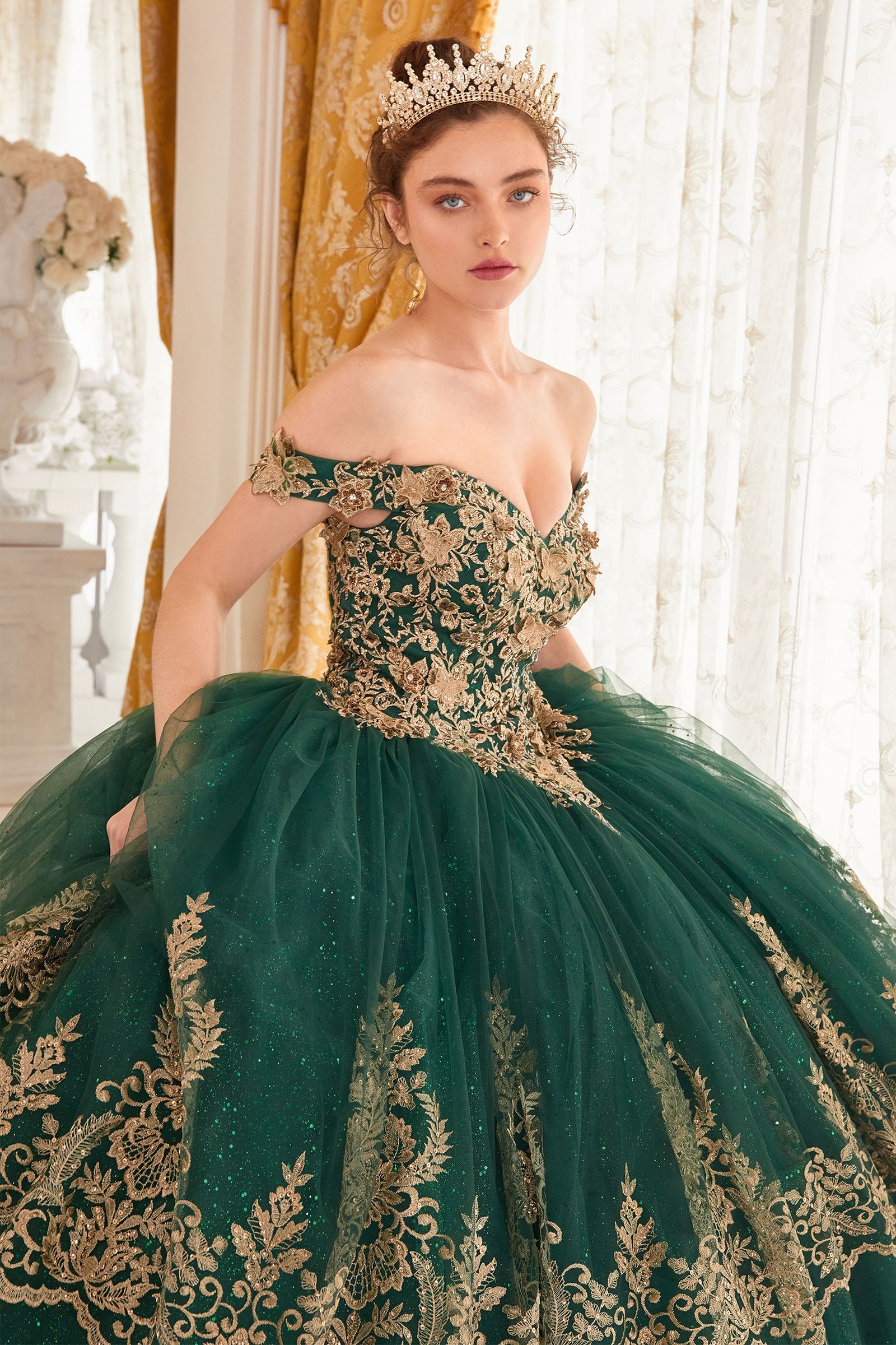Off-Shoulder Ball Gown Quinceanera Dress - PromGirl Navy/Gold / 2XLarge
