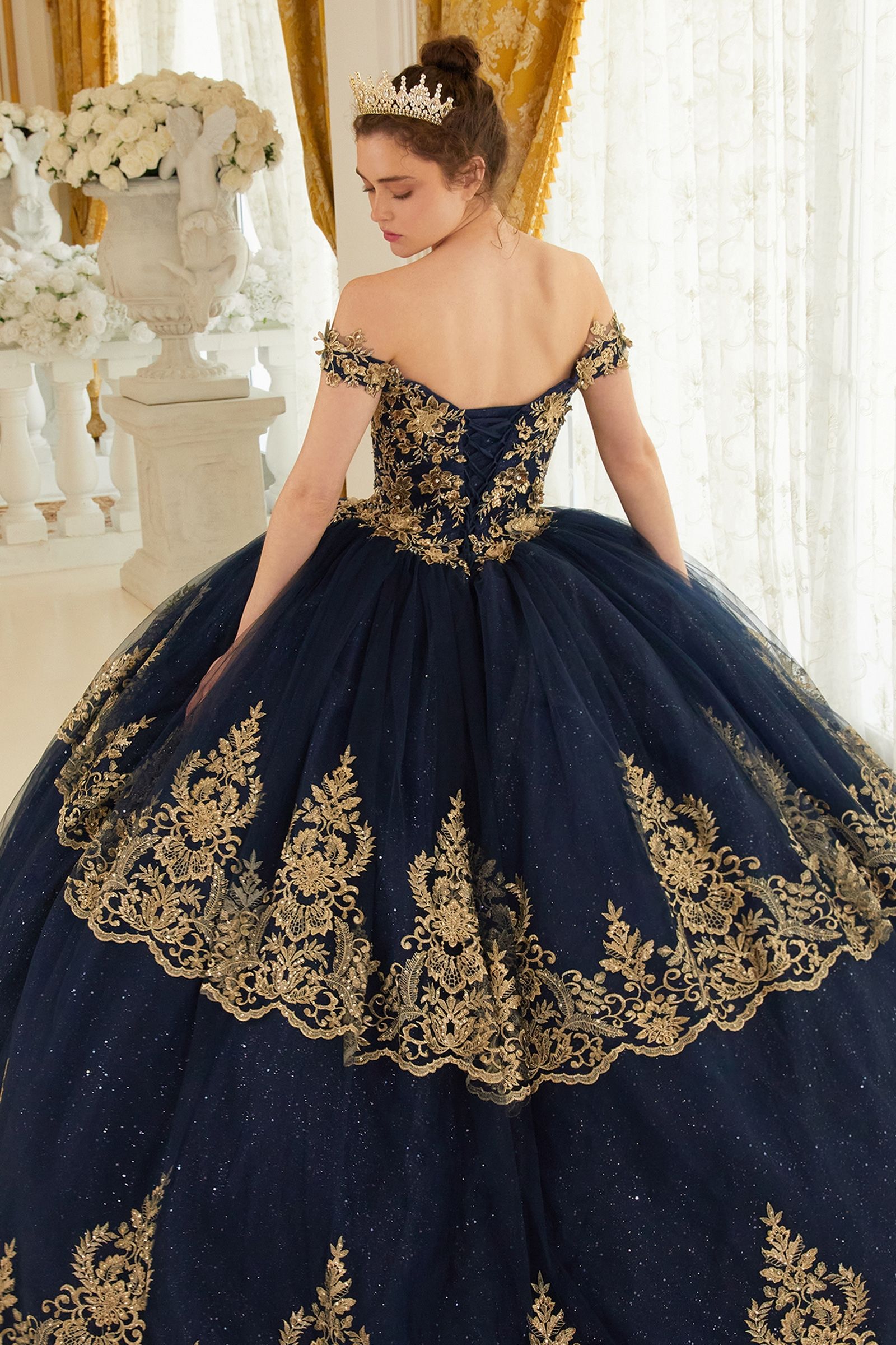 Off-Shoulder Ball Gown Quinceanera Dress - PromGirl Navy/Gold / 2XLarge Off-Shoulder Ball Gown Quinceanera Dress - PromGirl Navy/Gold / 2XLarge