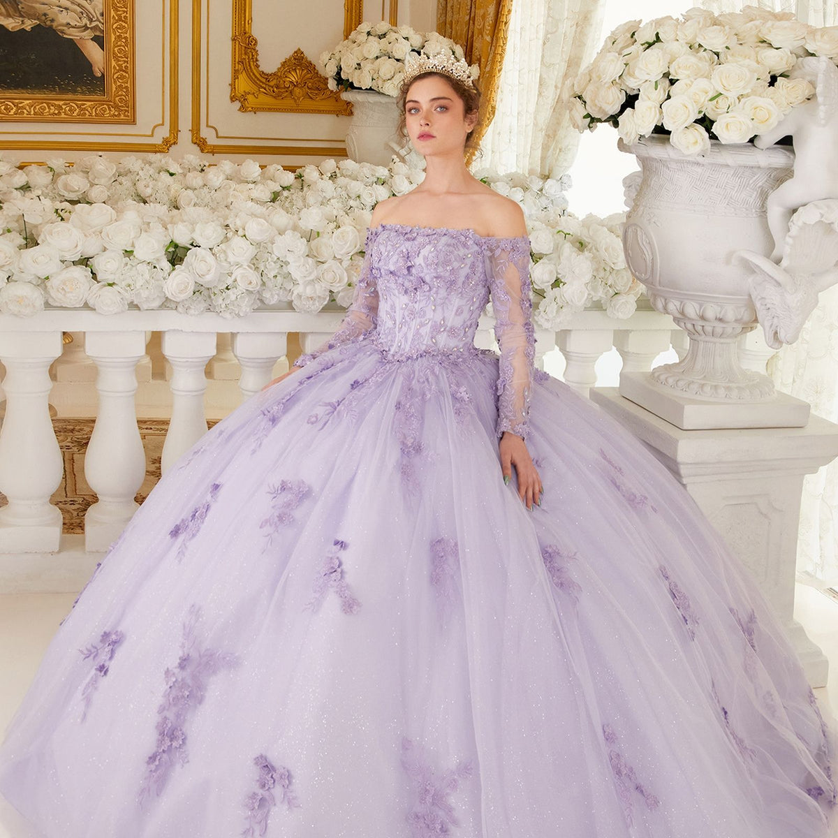 purple sweet 16 dress LaDivine 15706 Ball Gown Long Lace Floral Sweet 16 Quinceanera Dress