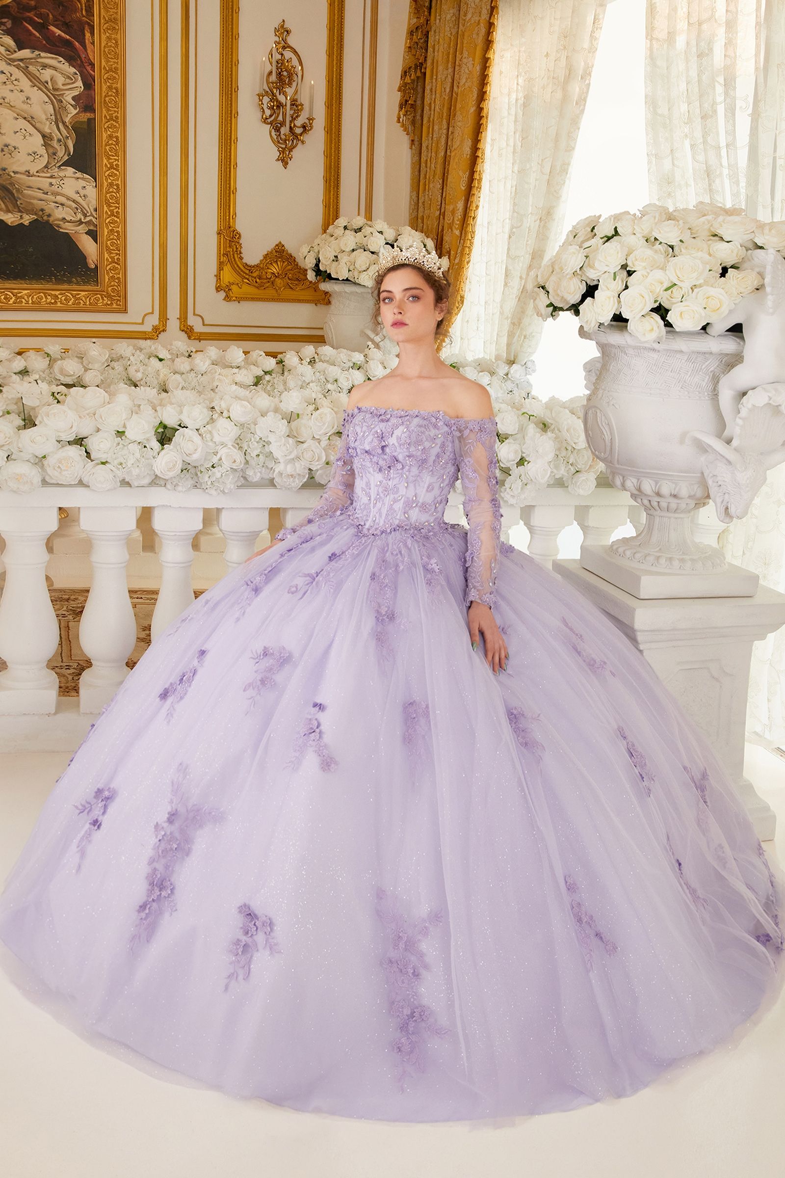Quinceniera Dresses Ball Gown Long Lace Floral Sweet 16 Quinceanera Dress Lilac