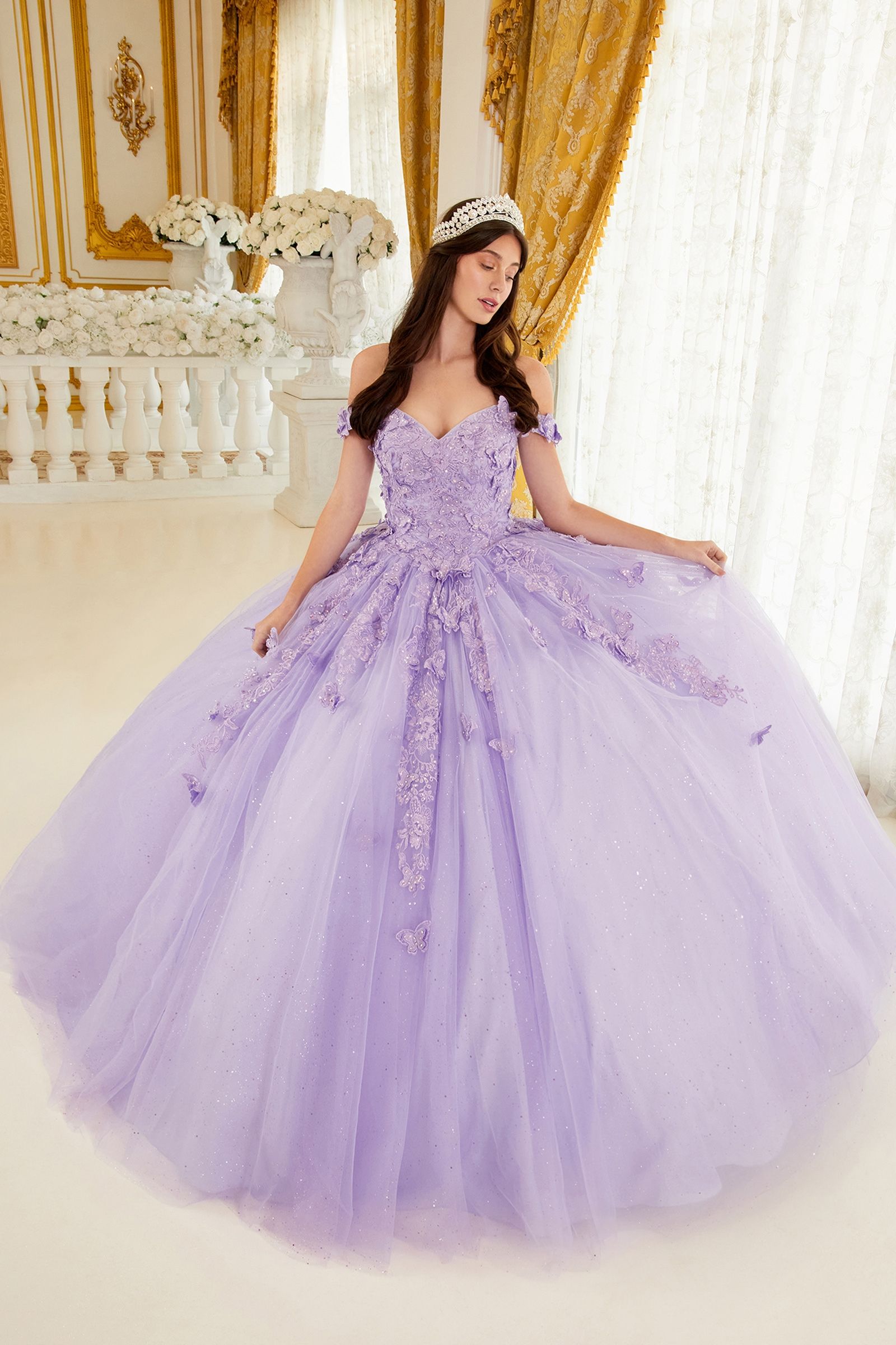 Cinderella Divine 15709 Ladivine Lavender Floral Quince Ball Gown, M / Lavender Cinderella Divine 15709 Ladivine Lavender Floral Quince Ball Gown, M / Lavender