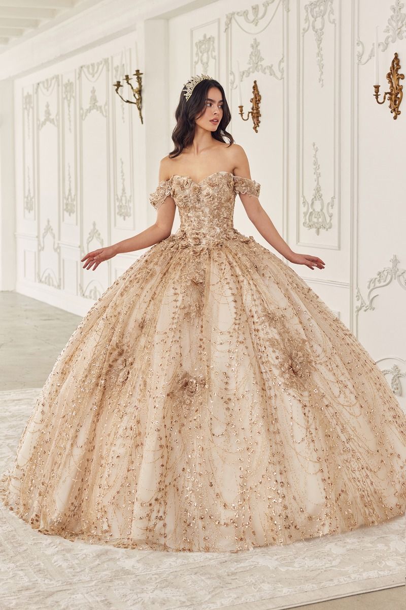 LaDivine 15712 Long Ball Gown Glitter Print Quinceanera Dress