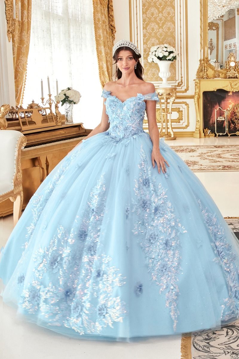 LaDivine 15713 Long Quinceanera Off Shoulder Floral Applique Ball Gown