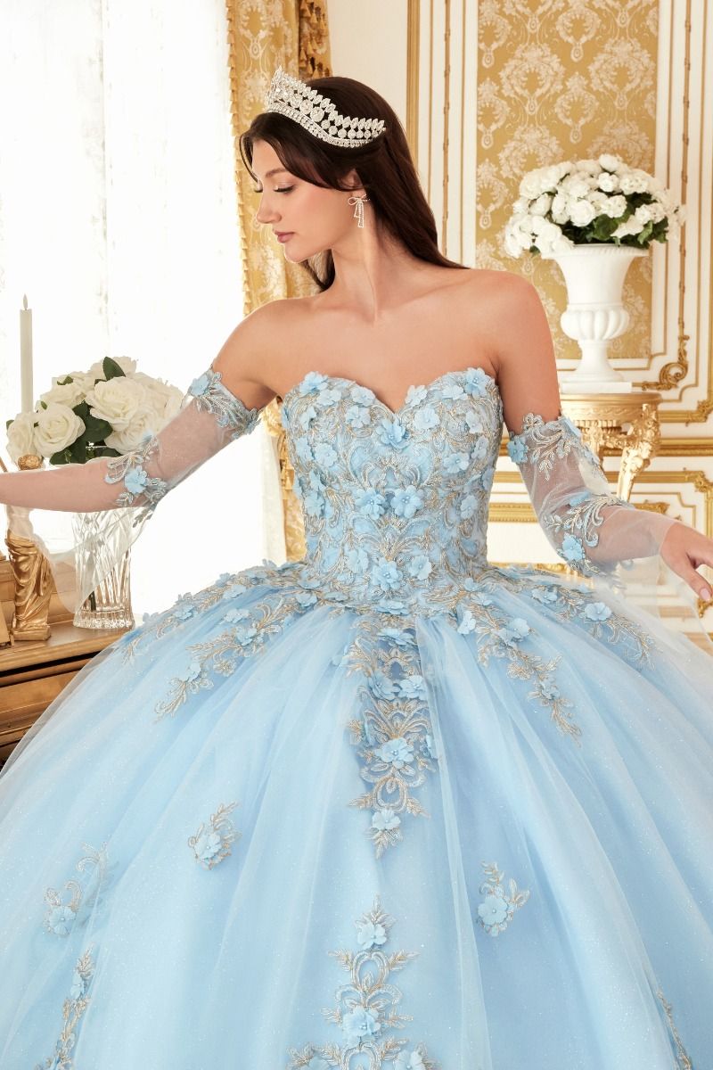 Quinceniera Dresses Long Strapless Quinceanera Floral Applique Ball Gown Lt Blue