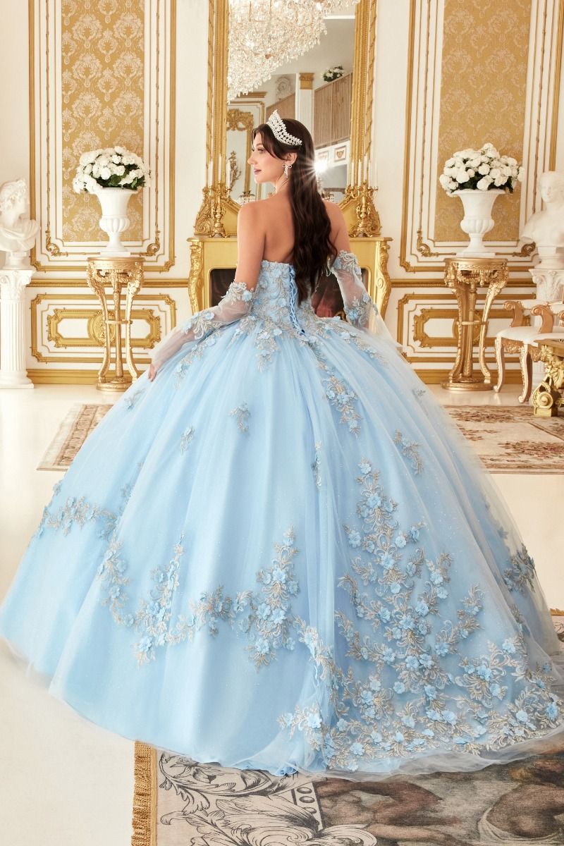 Quinceniera Dresses Long Strapless Quinceanera Floral Applique Ball Gown Lt Blue