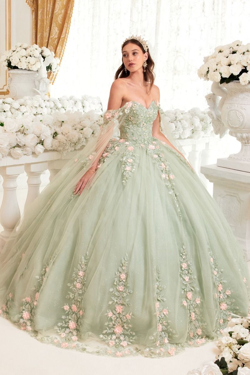 LaDivine 15716 Long Floral Applique Cape Quinceanera Dress