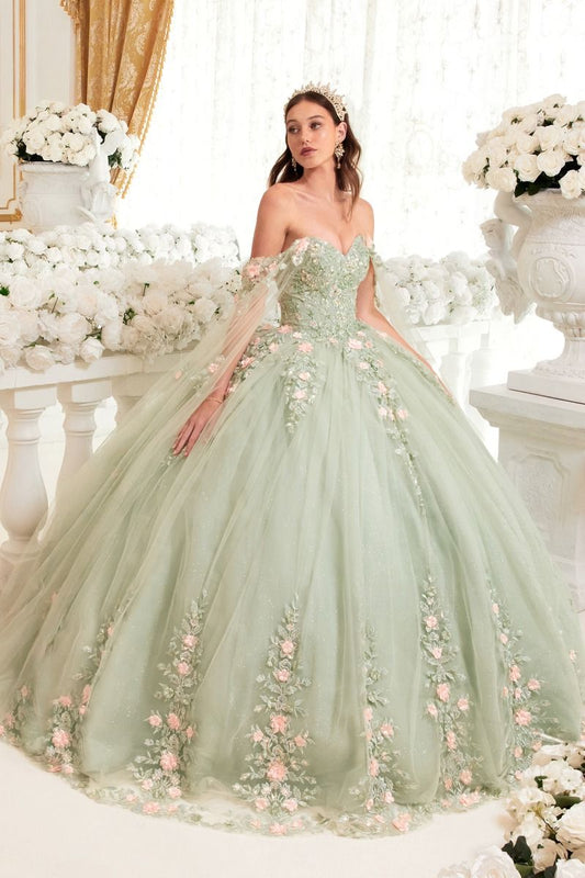 Quinceniera Dresses Long Floral Applique Cape Quinceanera Dress Sage