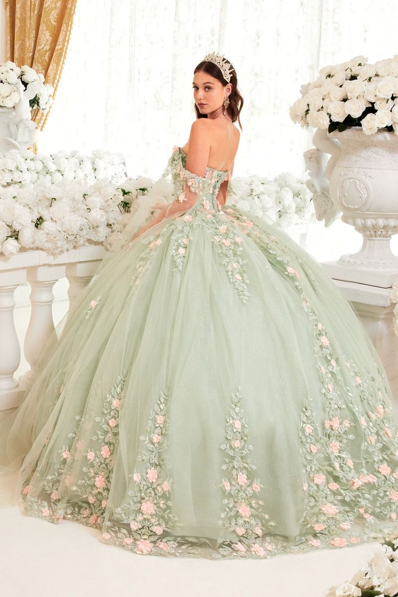 LaDivine 15716 Long Floral Applique Cape Quinceanera Dress