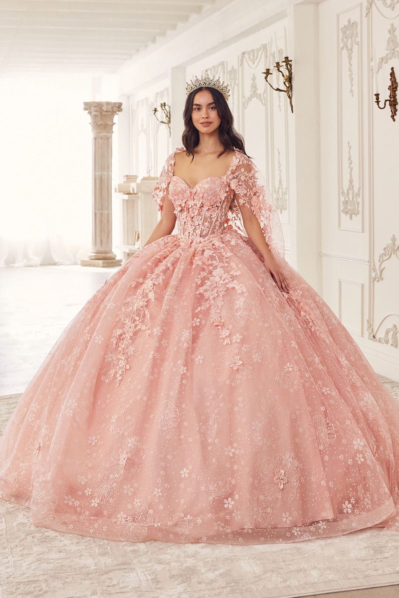 LaDivine 15719 Long Floral Ball Gown Cape Quinceanera Dress