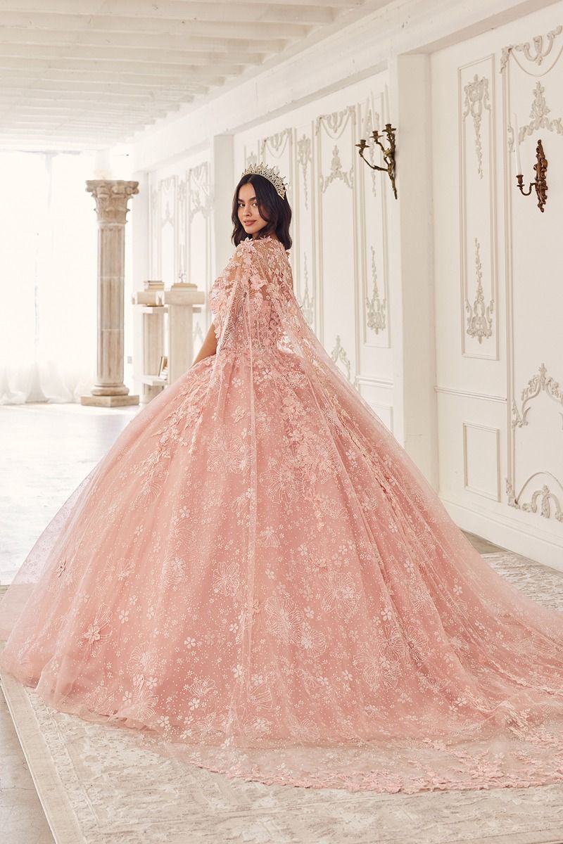 LaDivine 15719 Long Floral Ball Gown Cape Quinceanera Dress