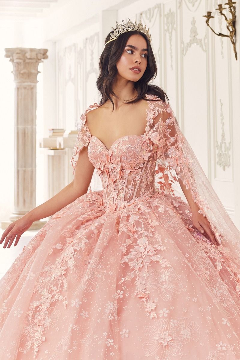 LaDivine 15719 Long Floral Ball Gown Cape Quinceanera Dress