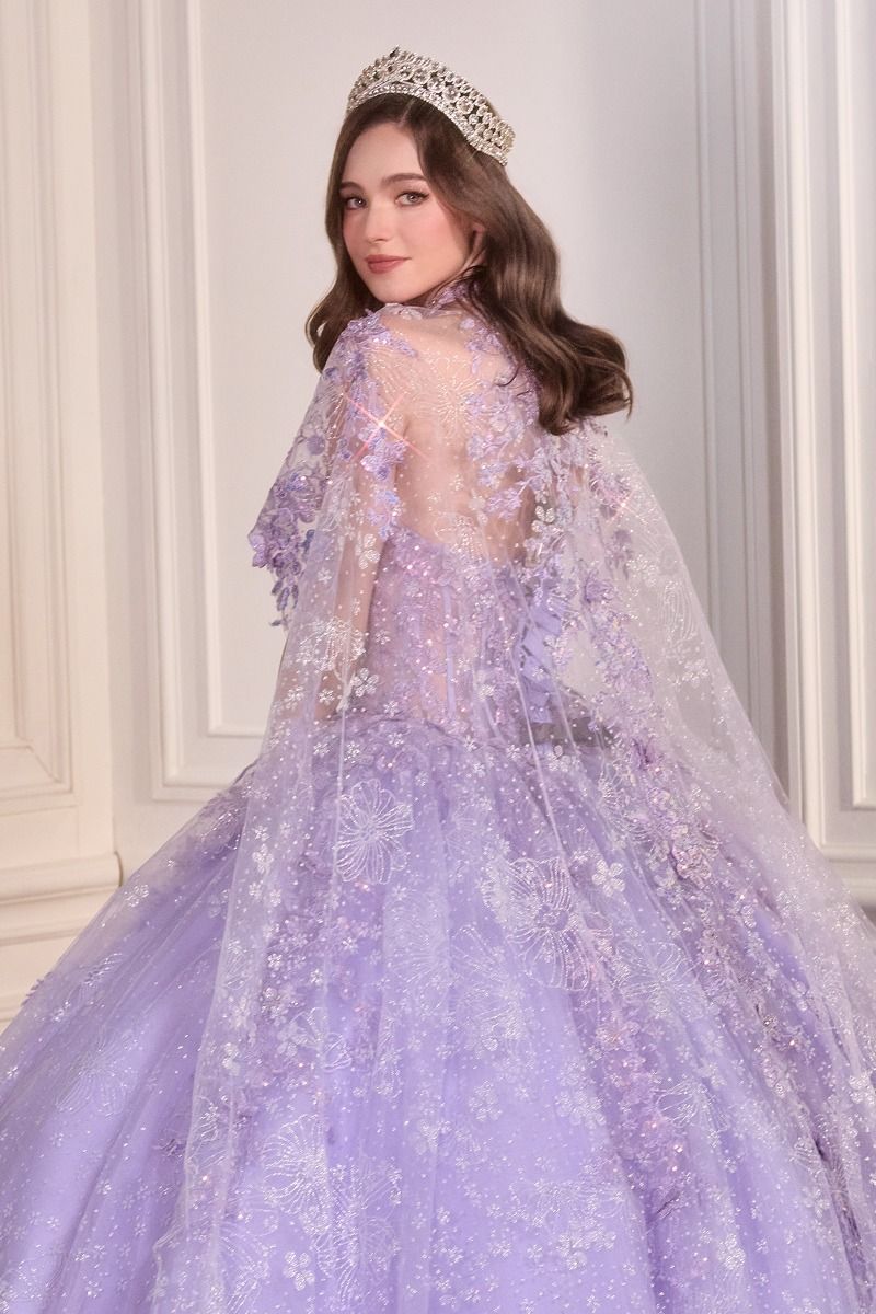 Quinceniera Dresses Long Floral Ball Gown Cape Quinceanera Dress Lavender