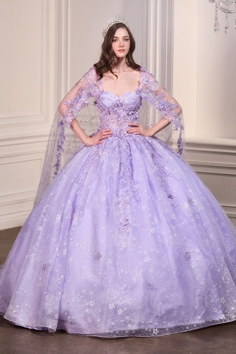 Quinceniera Dresses Long Floral Ball Gown Cape Quinceanera Dress Lavender