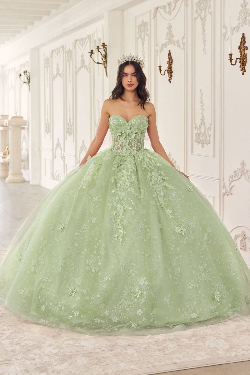 LaDivine 15719 Long Floral Ball Gown Cape Quinceanera Dress