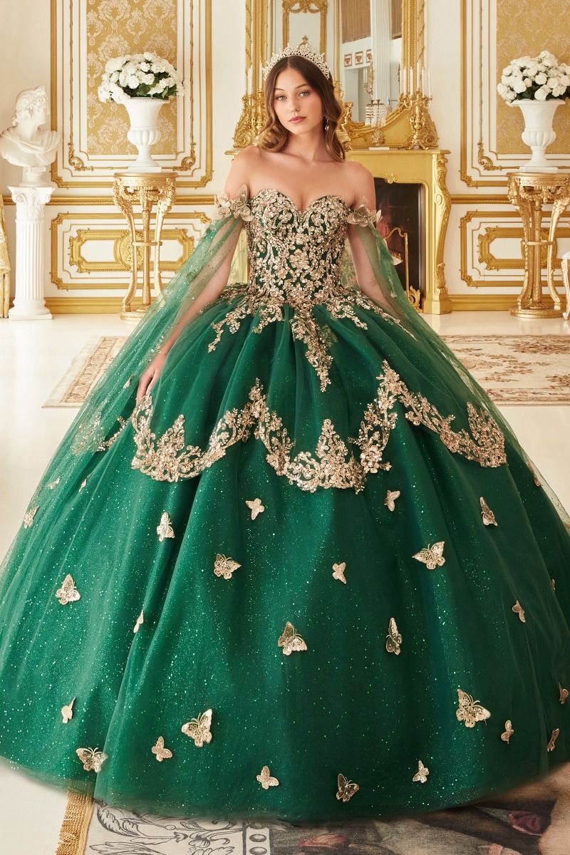 LaDivine 15721 Long Ball Gown Cape Quinceanera Dress