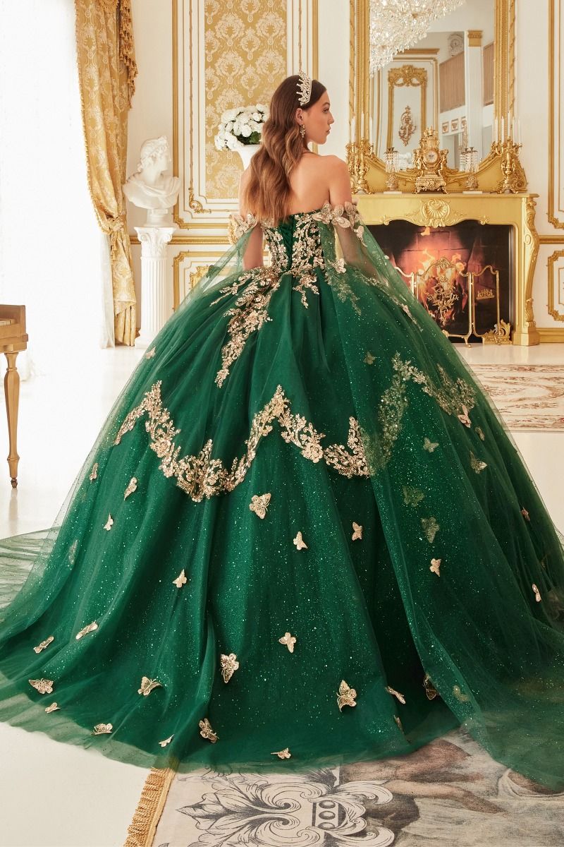 LaDivine 15721 Long Ball Gown Cape Quinceanera Dress