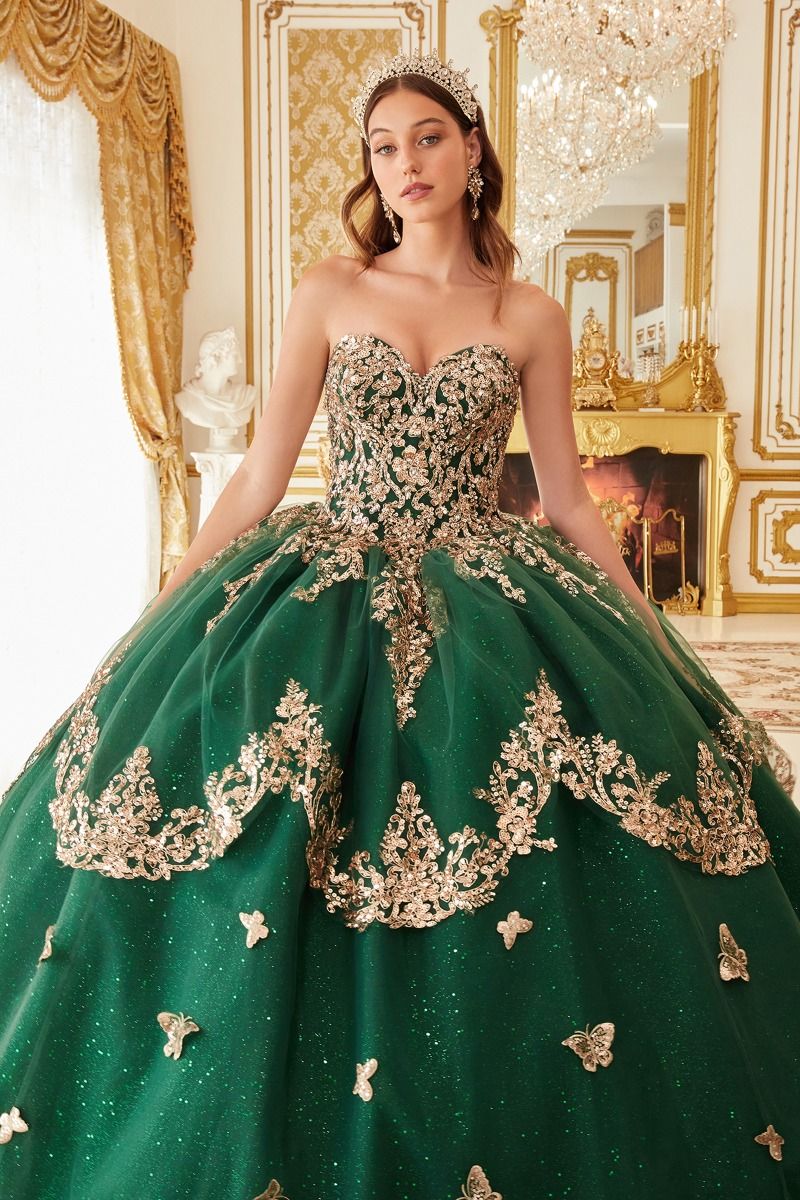 LaDivine 15721 Long Ball Gown Cape Quinceanera Dress