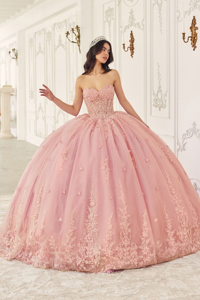 LaDivine 15723 Long Ball Gown Floral Applique Quinceanera Cape Dress