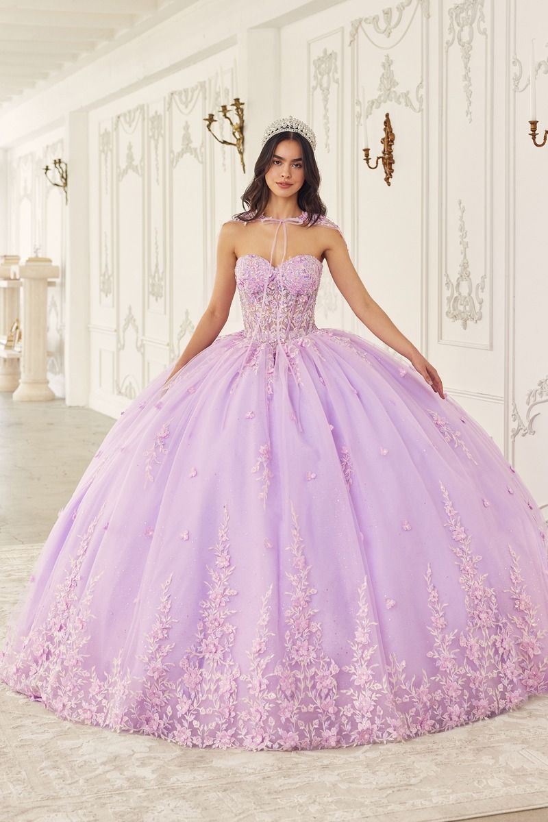 LaDivine 15723 Long Ball Gown Quinceañera Dress with Floral Applique and Removable Cape - Blush LaDivine 15723 Long Ball Gown Quinceañera Dress with Floral Applique and Removable Cape - Blush