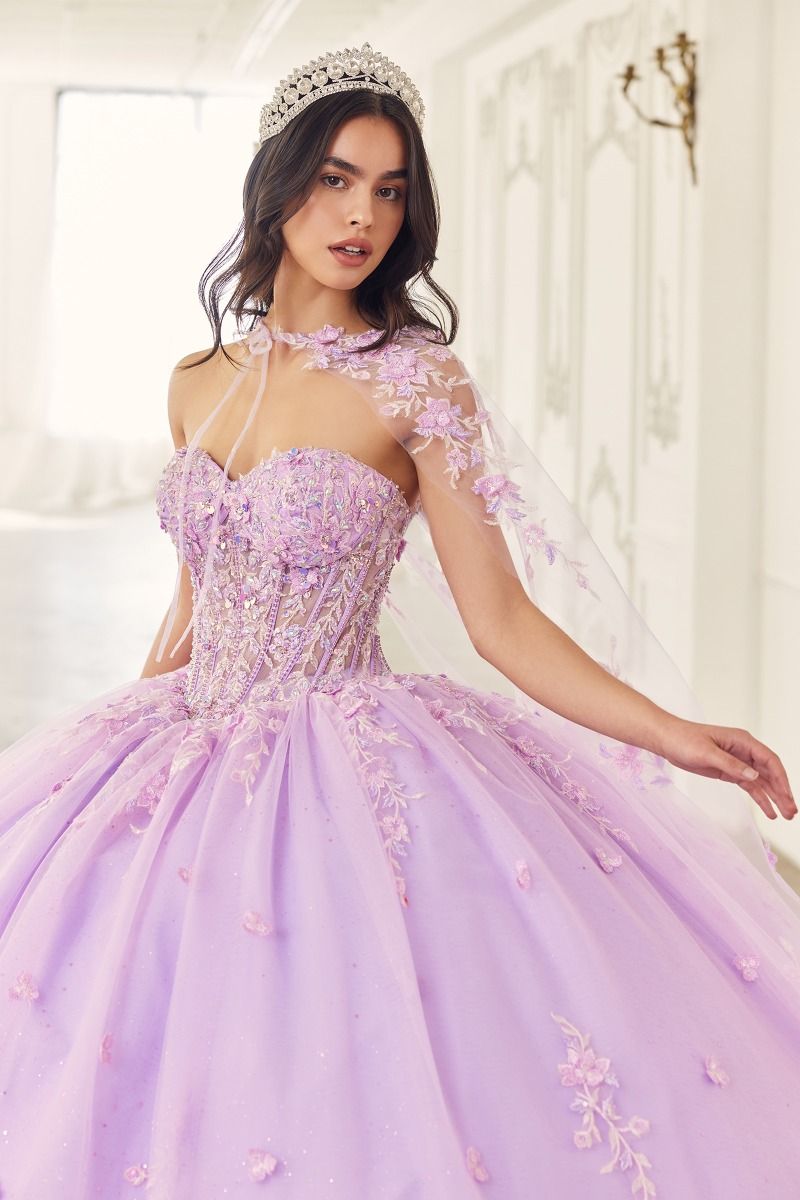 Quinceniera Dresses Long Ball Gown Floral Applique Quinceanera Cape Dress Lilac
