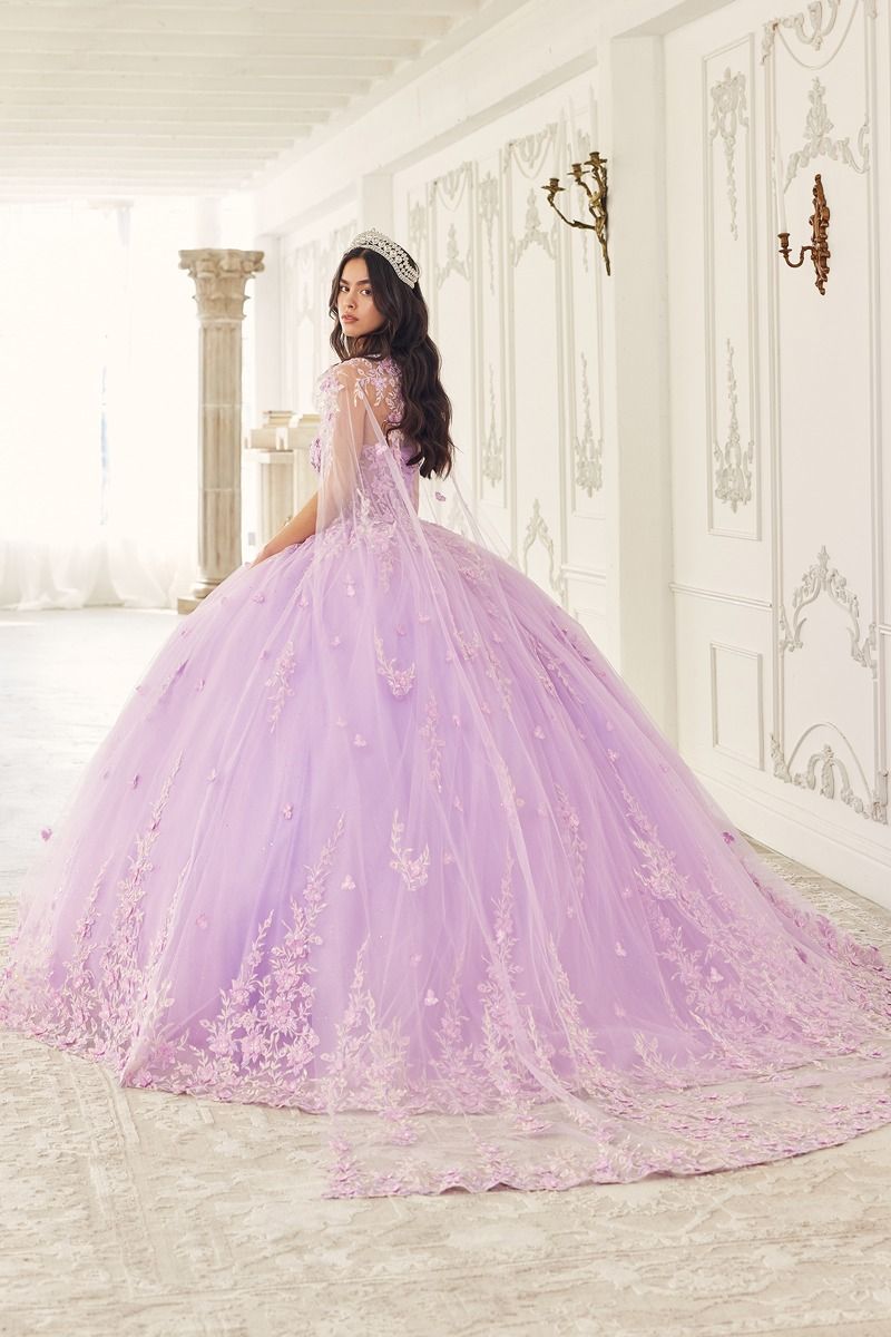 LaDivine 15723 Long Ball Gown Floral Applique Quinceanera Cape Dress