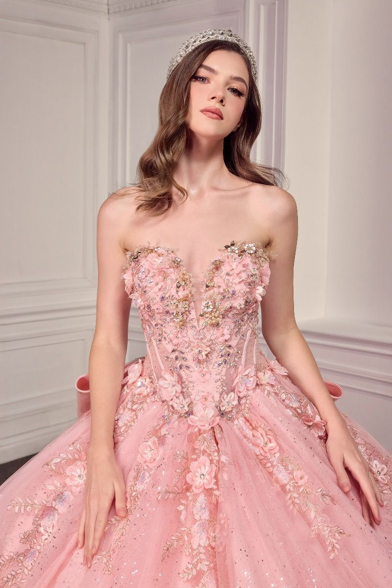 Quinceanera Dresses Glitter Long Ball Gown Corset Quinceanera Dress LT Pink