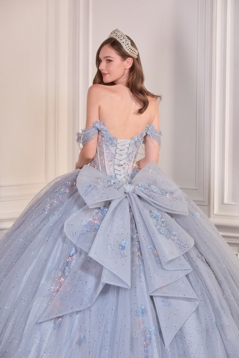 Quinceniera Dresses Long Glitter Ball Gown 3D Floral Applique Quinceanera Dresses Blue