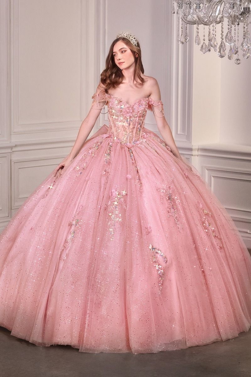 Quinceniera Dresses Long Glitter Ball Gown 3D Floral Applique Quinceanera Dresses Lt Pink