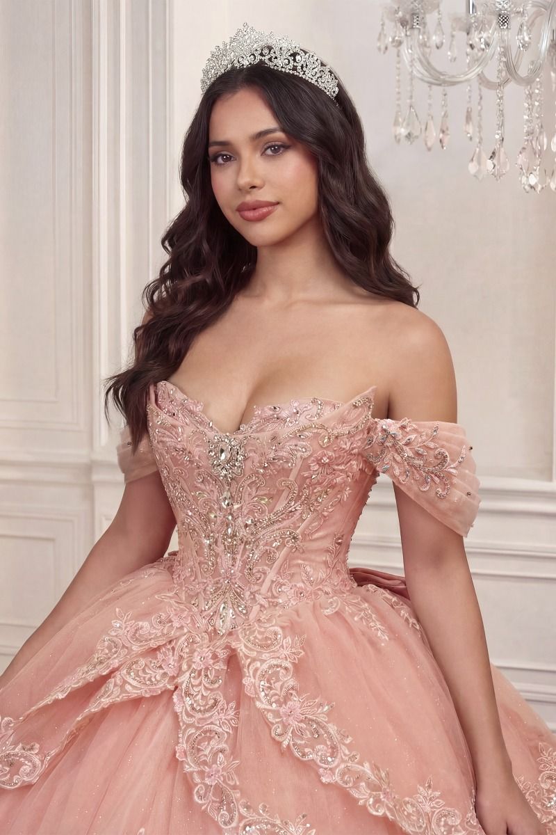 Blush Off-the-Shoulder Floor-Length Tulle Quinceanera Ball Gown LaDivine 5729