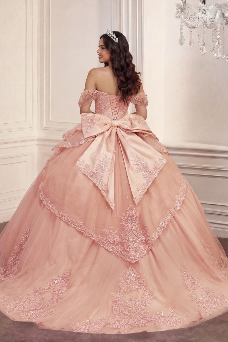 Blush Off-the-Shoulder Floor-Length Tulle Quinceanera Ball Gown LaDivine 5729