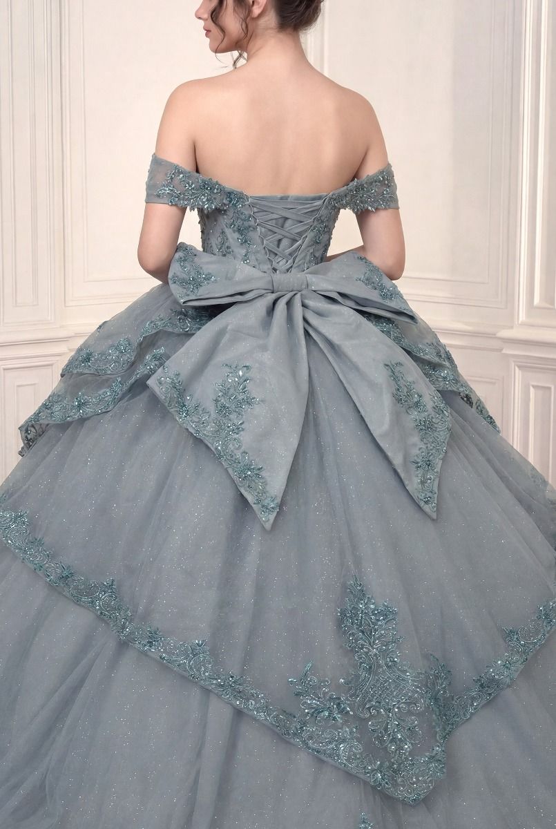Dusty Blue Off-the-Shoulder Floor-Length Tulle Quinceanera Ball Gown LaDivine 5729