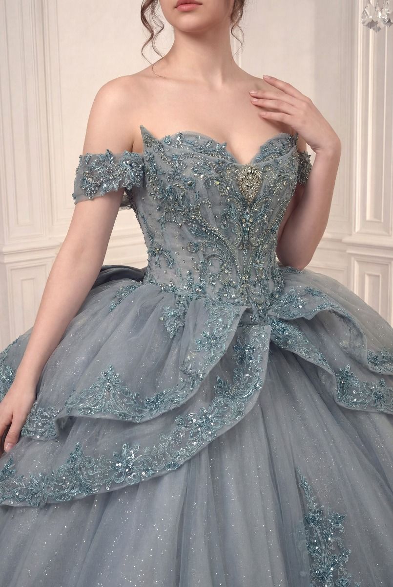 Dusty Blue Off-the-Shoulder Floor-Length Tulle Quinceanera Ball Gown LaDivine 5729