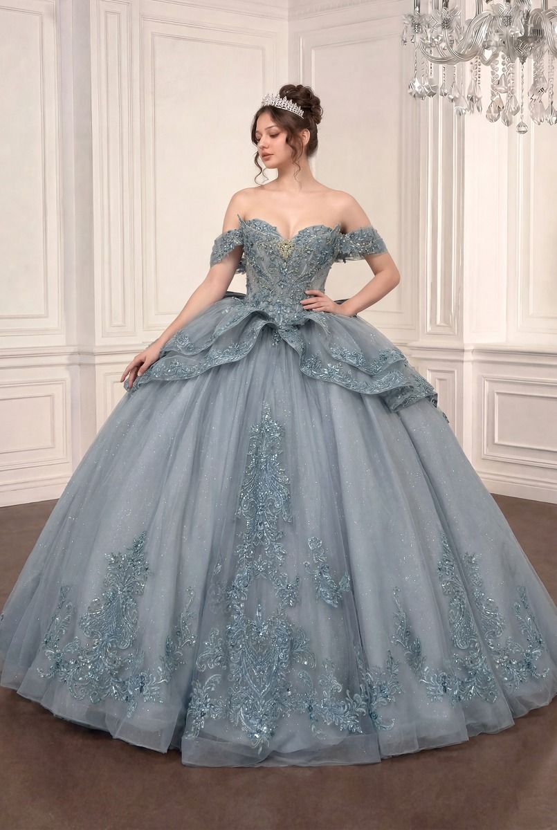 Dusty Blue Off-The-Shoulder Floor-Length Lace Quinceanera Dress Peplum LaDivine 15729