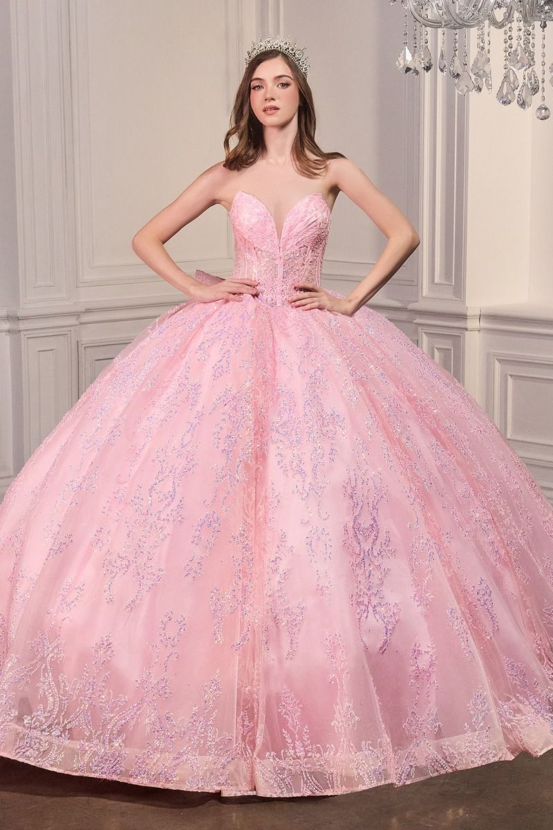 Quinceniera Dresses Sequin Long Ball Gown Corset Quinceanera Dress PINK