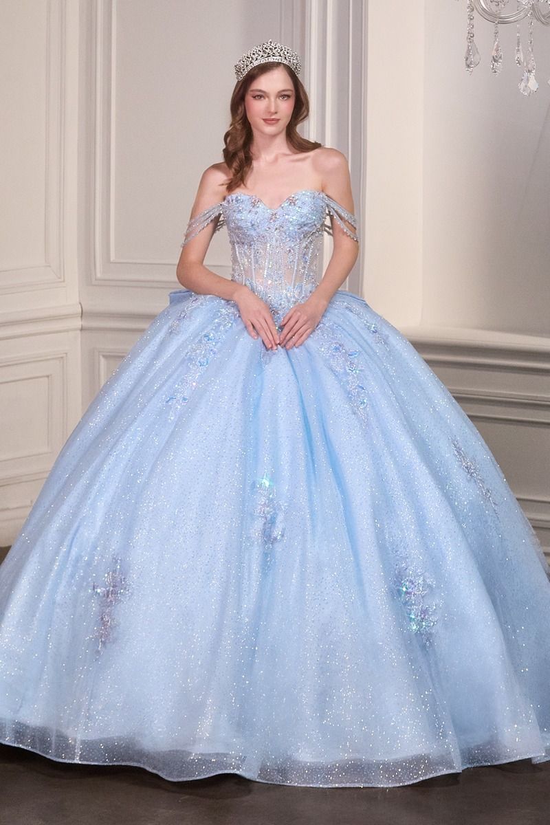 LaDivine 15735 Long Corset Floral Ball Gown Quinceanera Dress - LT BLUE / S LaDivine 15735 Long Corset Floral Ball Gown Quinceanera Dress - LT BLUE / S