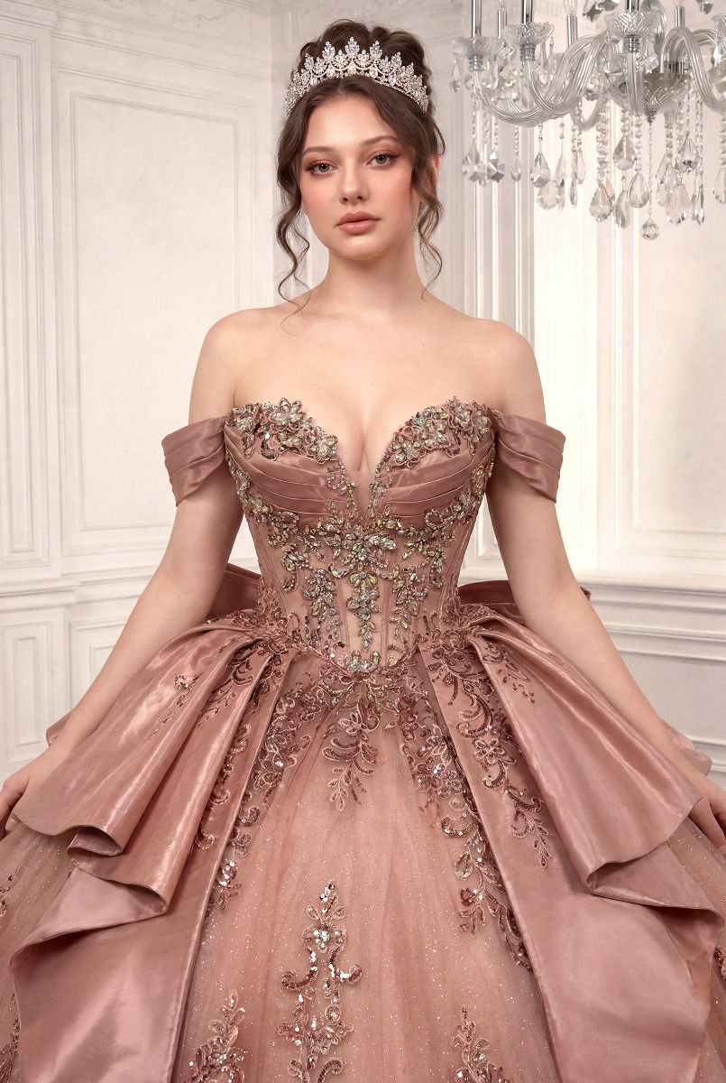 Off-the-Shoulder Floor-Length Satin Occasion Ball Gown LaDivine 15745